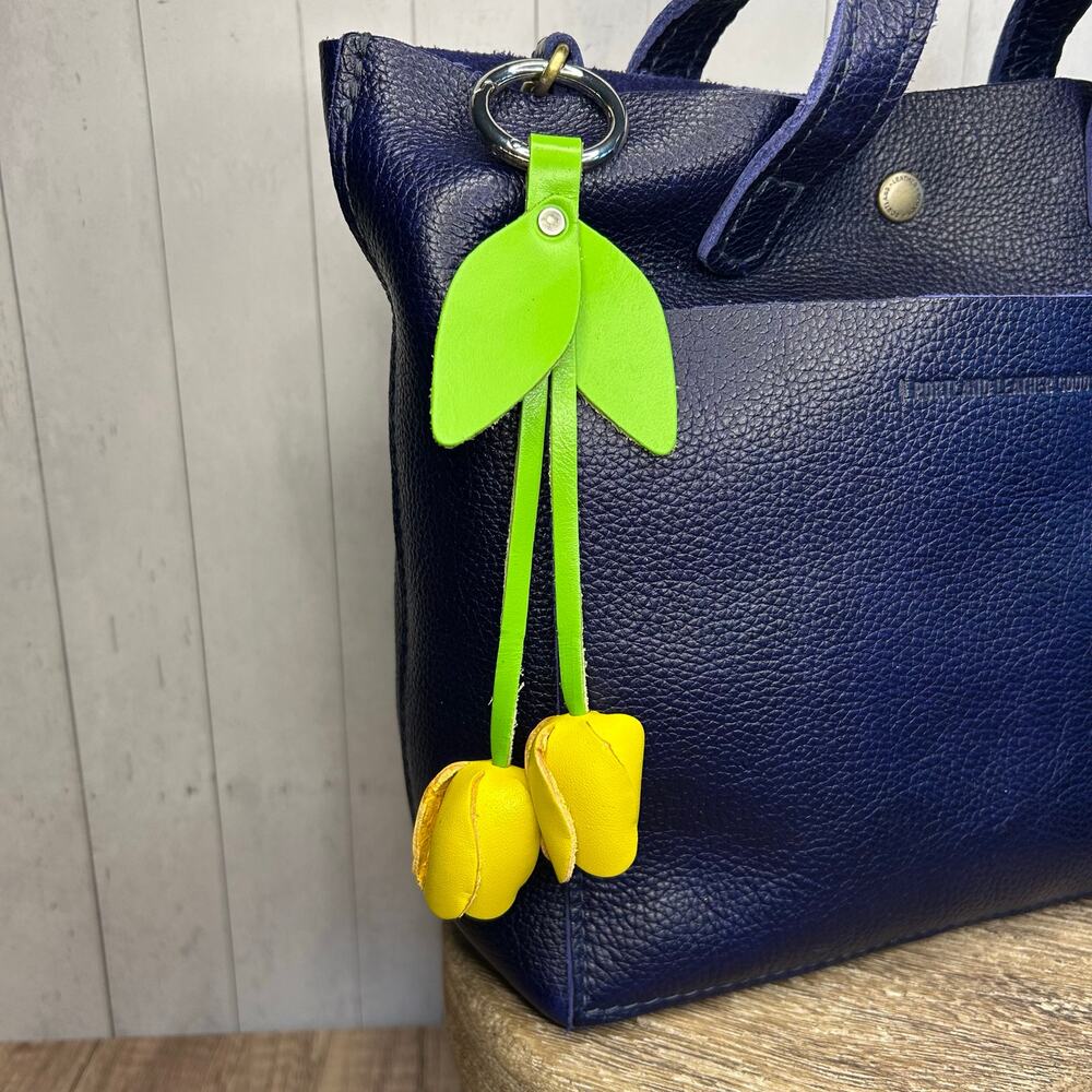 Leather Yellow Tulip Purse Charm Genuine Leather Tulip Flower Bag Charm